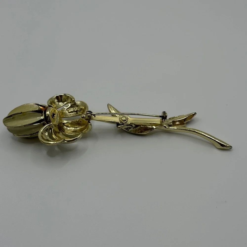 Coro Vintage Gold Tone Enamel Tulip Flower Brooch Pin with Faux Pearl Accent